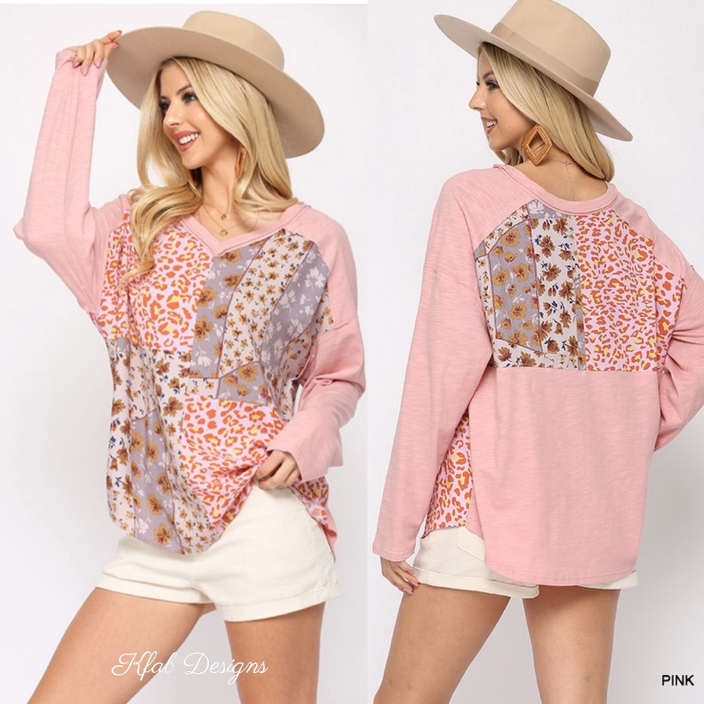 ❤️LAST 2! V Neck Cotton Patch Mix Print Relaxed Fit Top! - Picture 1 of 6